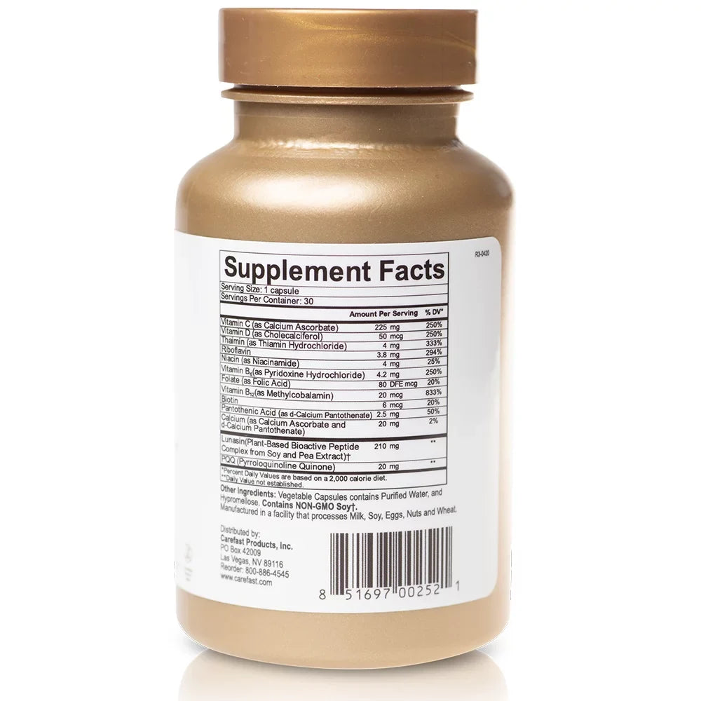 Carefast  Lunasin Vitality 20mg Pyroloquinoline Quinone, 10mg Bioactive LunaCell Supplement - Mitochondrial Biogenesis, Cellular Health & Stress Formula, Non- - 30 Dietary Capsules