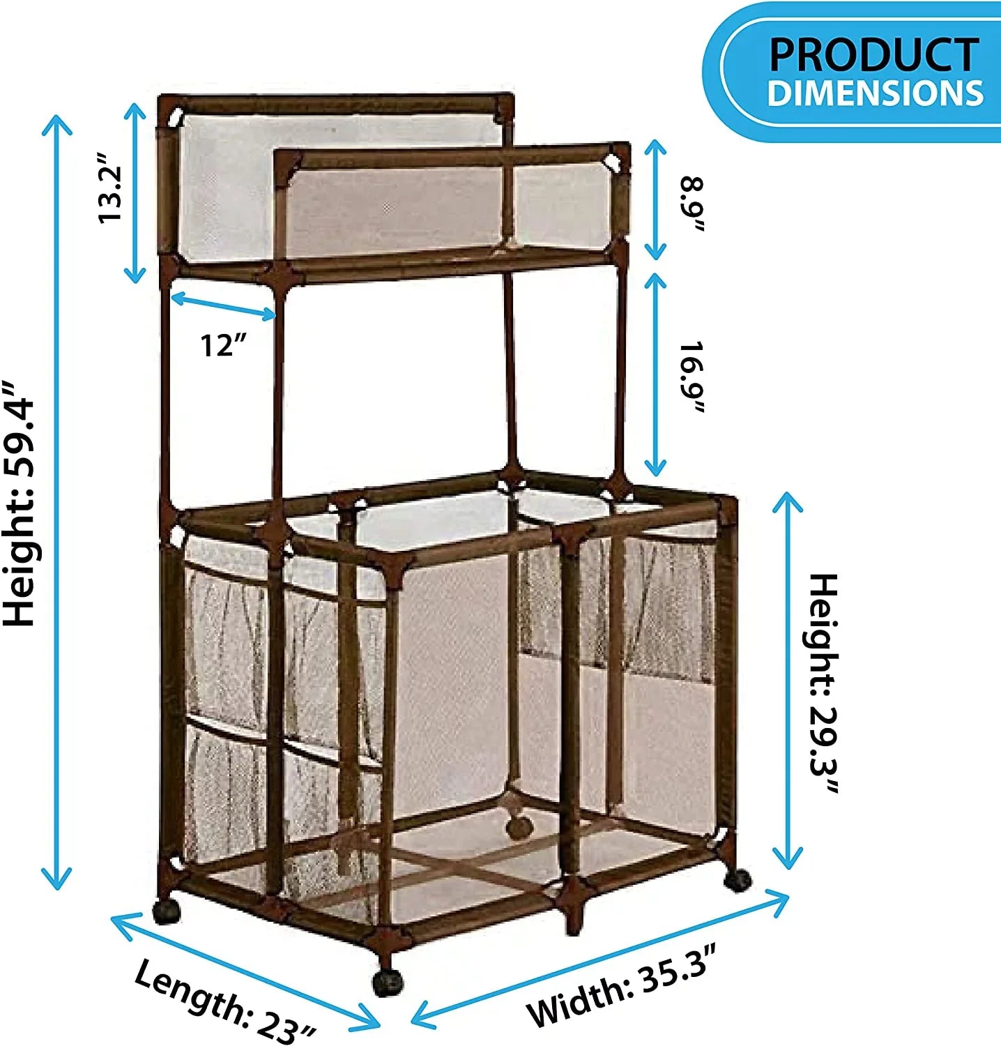 Essentially Yours Pool Storage Equipment Organizer Holder - Noodles, Toys, Balls and Floats Mesh Rolling Double Decker Bin, Large with Noodle Rack, (23" L x 35.3" W x 59.4" H), Brown