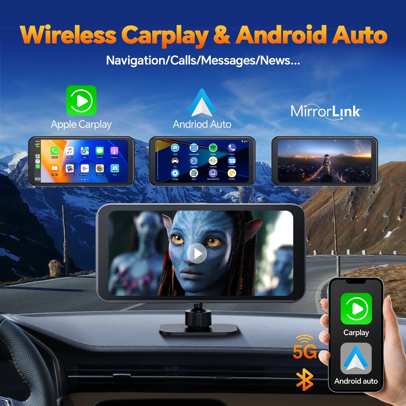 6.25" Portable Apple Carplay Android Auto Screen with 4K Ultra  Dash Cam, Wireless Car Play for  Navigation, Bluetooth Car Stereo, Backup Camera Park Assist, Mirror Link Car Radio Receiver