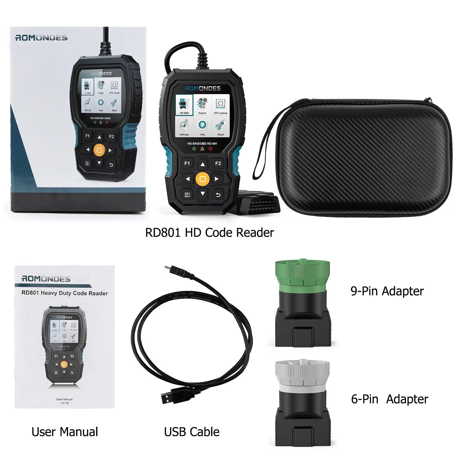 Romondes RD801 Heavy Duty Truck Diagnostic OBD2 Scanner Code Reader Tools Diesel Truck Scanner  Oil Reset
