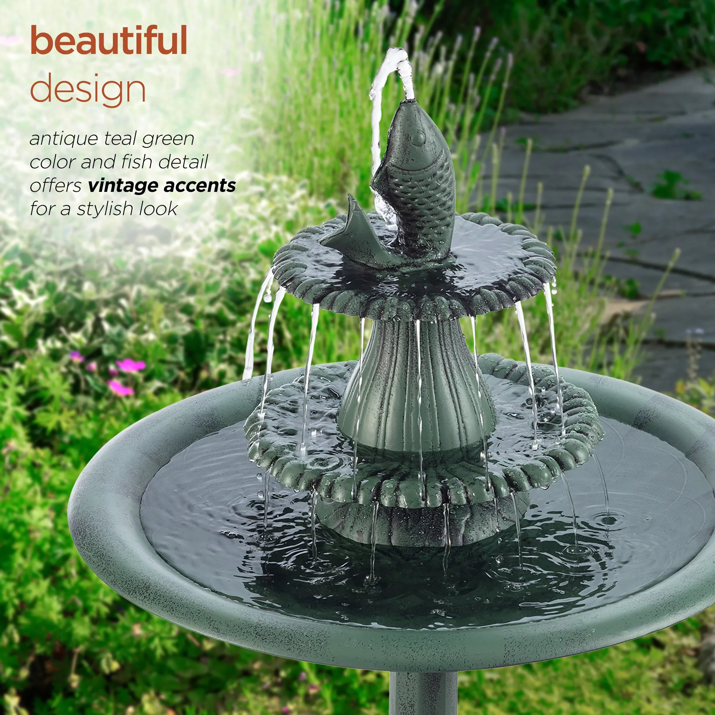 Alpine Corporation Plastic 3-Tier Pedestal Fountain Bird Bath, Green