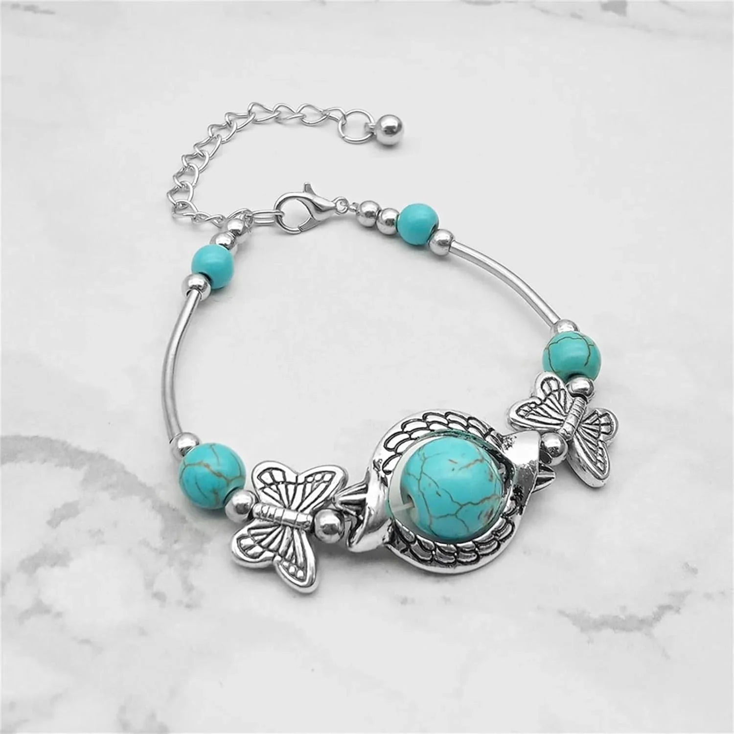 New Turquoise Bracelet, Classic Luxury Ladies Summer Unique Design Beaded Faux Gemstone Palm Bracelet Jewelry, Western Bohemian Style Jewelry Ladies Gift