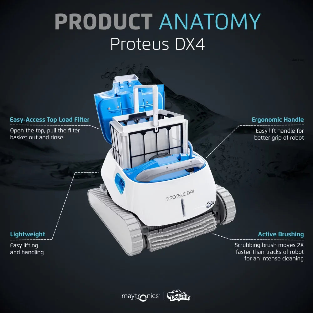 Dolphin Proteus DX4 Robotic Pool Vacuum Cleaner — Wall Climbing Capability — Powerful Waterline Scrubbing — Ideal for All Pool Types up to 50  in Length