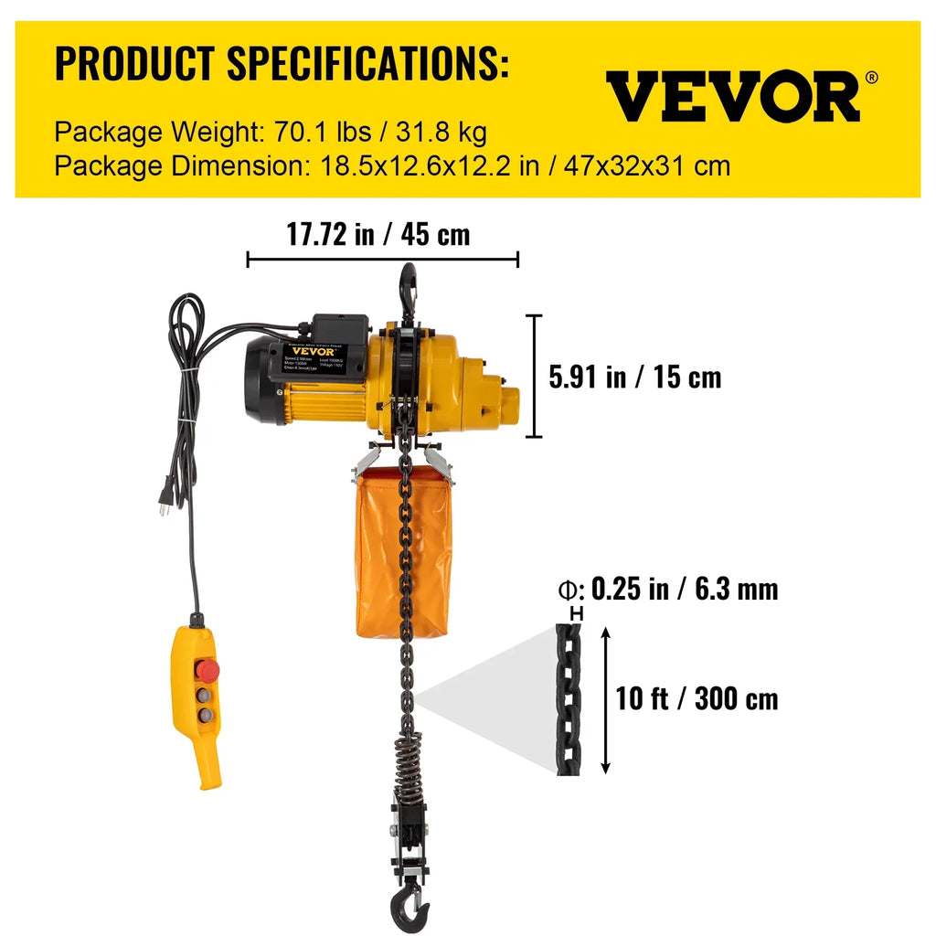 Lift Electric Hoist, 2200 lbs Electric Winch w/ 10ft Wired Remote Control, 110V Overhead Crane Garage Ceiling Pulley Winch of 10ft Lift Height, Used In Factories, Warehouses, Construction