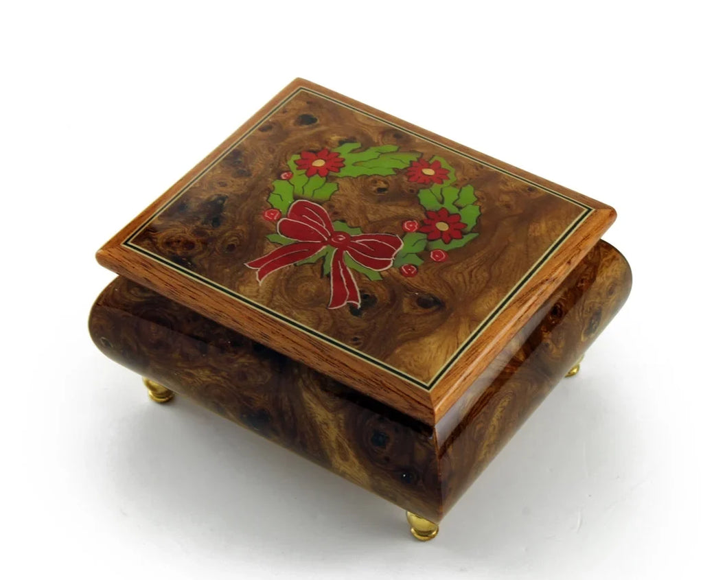 Handcrafted 18 Note Sorrento Music Box with Christmas Theme Wood Inlay of a Christmas Wreath - .0 Holy Night