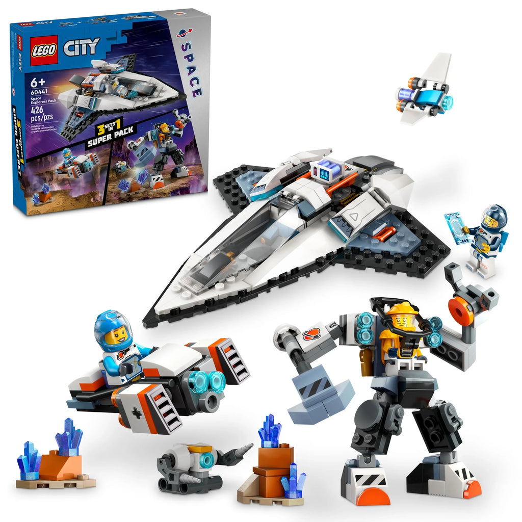 City Space Explorers Pack, Kids’ Space Toy Playset Bundle for Boys and Girls Aged 6 and Up, 3 Building Sets in 1 Box, Space Gift Mech Toy, Interstellar Spaceship, Hoverbike, 3 Minifigures, 60441