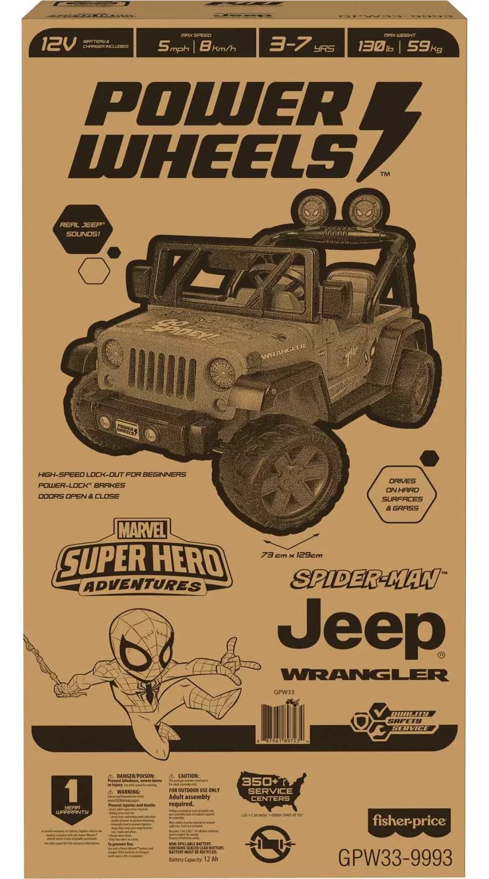 12V Power Wheels Spider-Man Jeep Wrangler Battery-Powered Ride-On Vehicle with Sounds, for a Child Ages 3-7