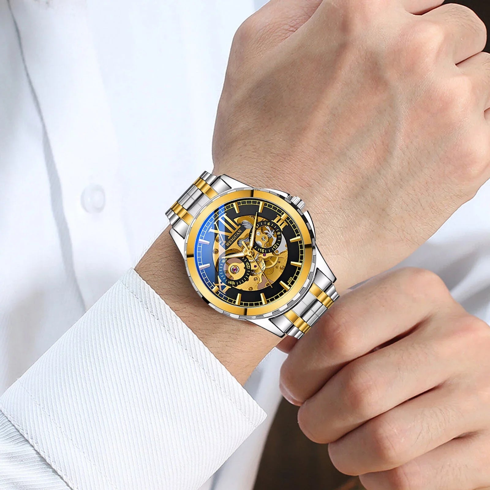Men's Automatic Mechanical Stainless Steel Watch Luxury Business Hollow Skeleton