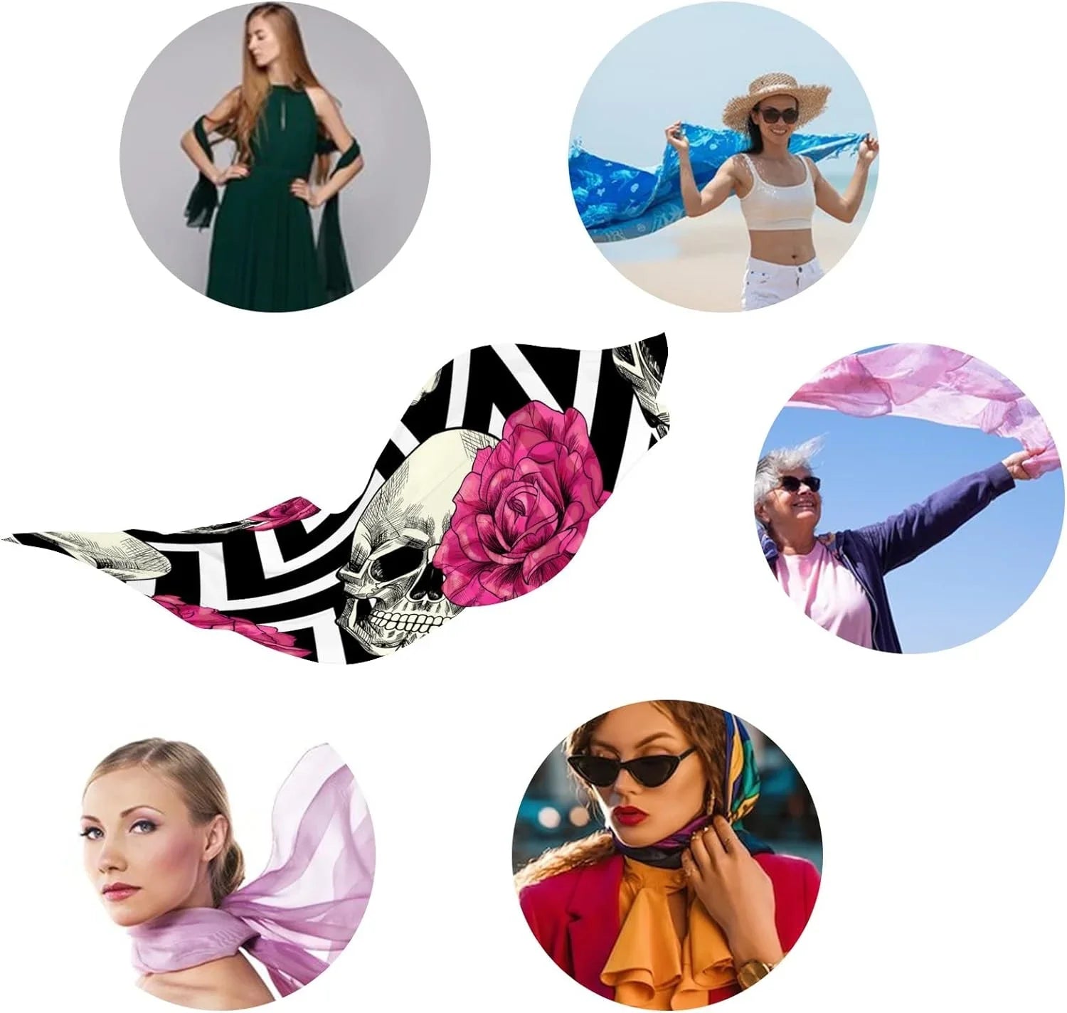 Hyjoy Skull And Pink Roses Long Silk Neck Scarf Lightweight Shawl Wrap Scarves for Women Girls
