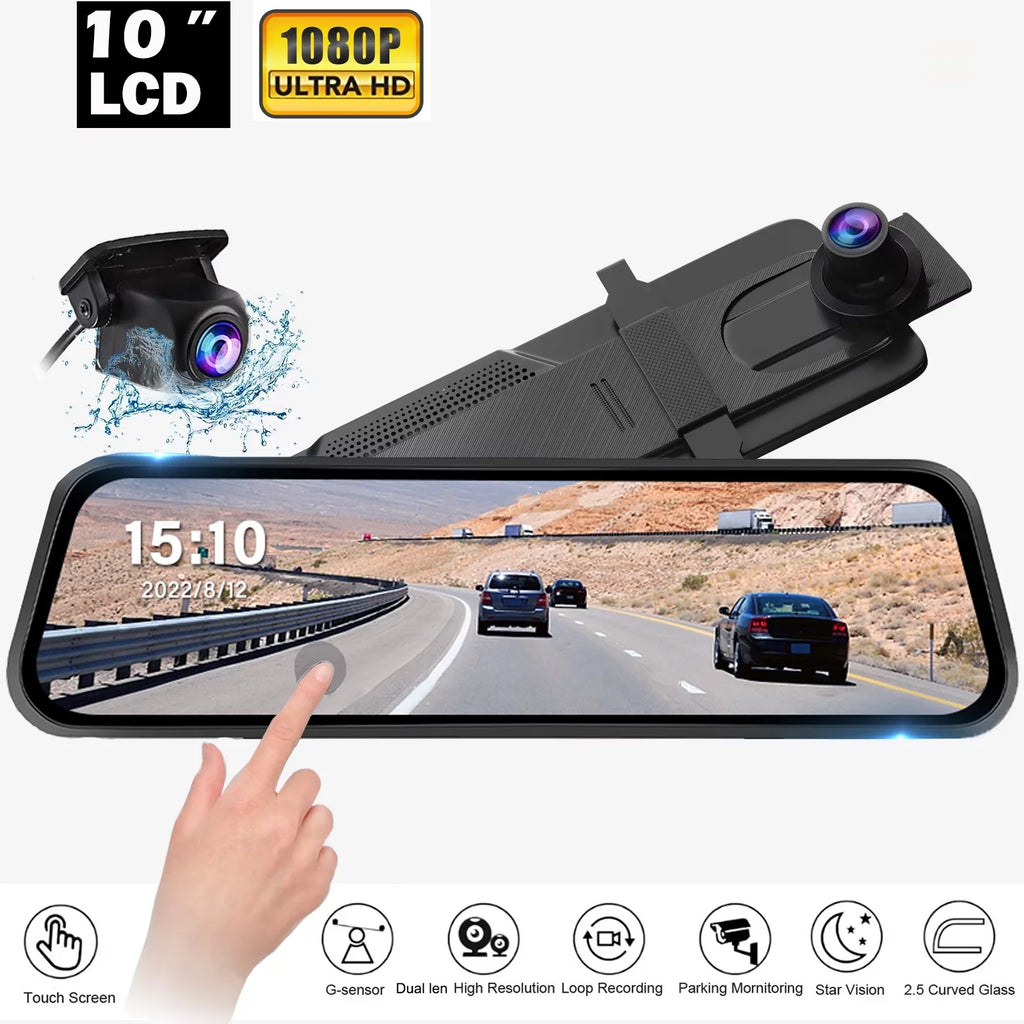 Erago Rear View Mirror Camera Kit:Rear view mirror dash cam Front and Rear  1080P for Car with 10" Full Touch Screen, Waterproof Backup  Camera, Night Vision, G-Sensor, Parking Moniter