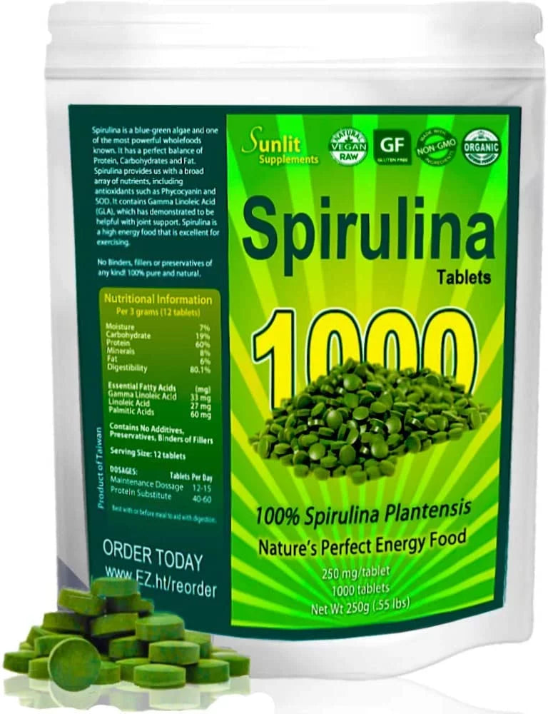 Sunlit Best -  Organic Spirulina Tablet - Natural Super Greens Supplements for Immune Support, Gut Health & Energy Drink Tablets with Chlorophyll, Vegan & High Protein Non , 1000 Superfood Tab