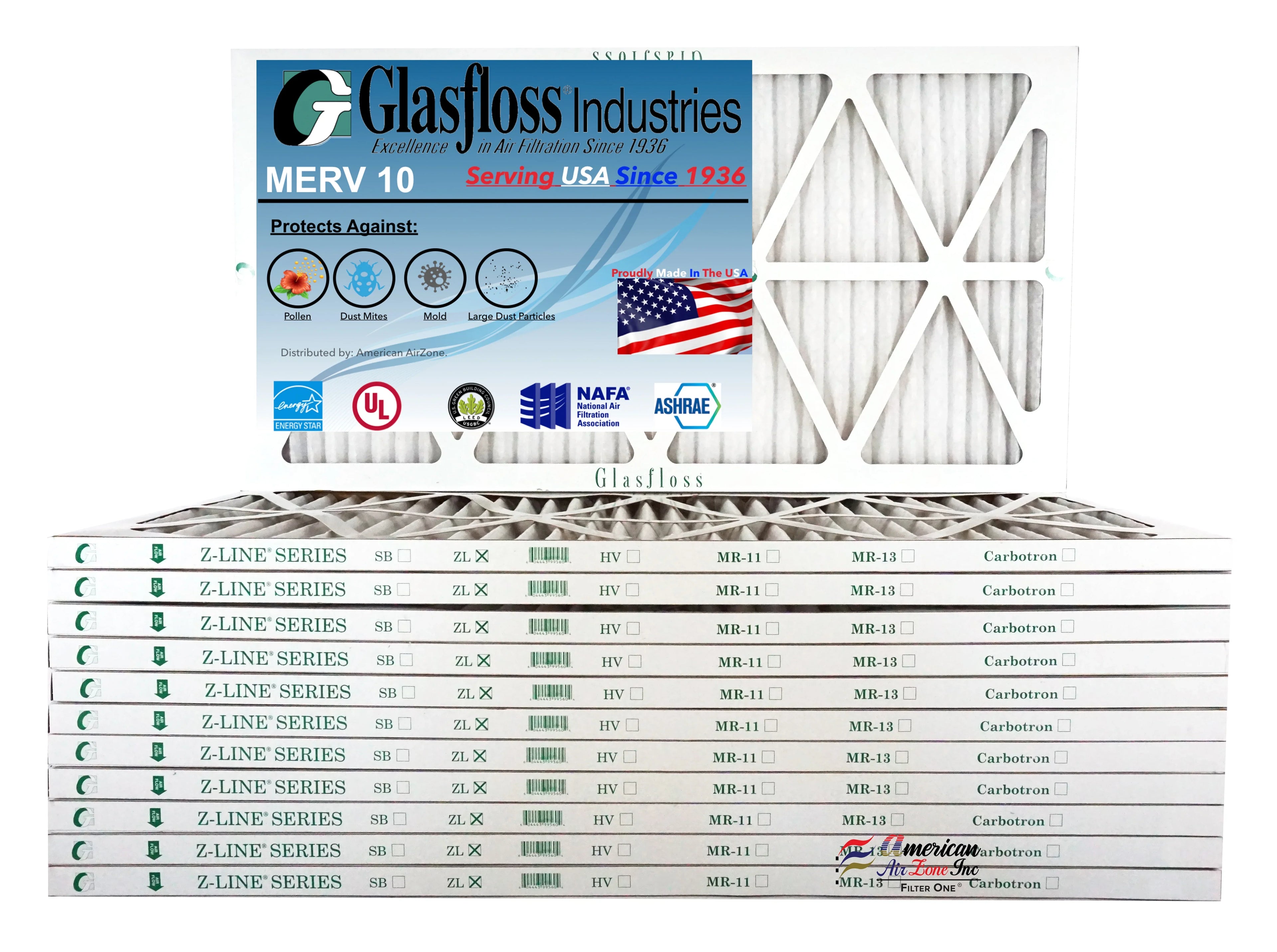 Glasfloss 12x30x1 -  10 -Qty:12 - Furnace Air Filter - Made in  (Actual Size: 11.5 x 29.5x7/8 inch)
