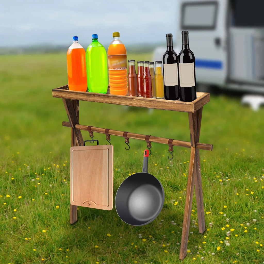Miumaeov Wooden Portable Picnic Rack Outdoor Grill Rack Storage Table Shelf for Picnic, Camping,