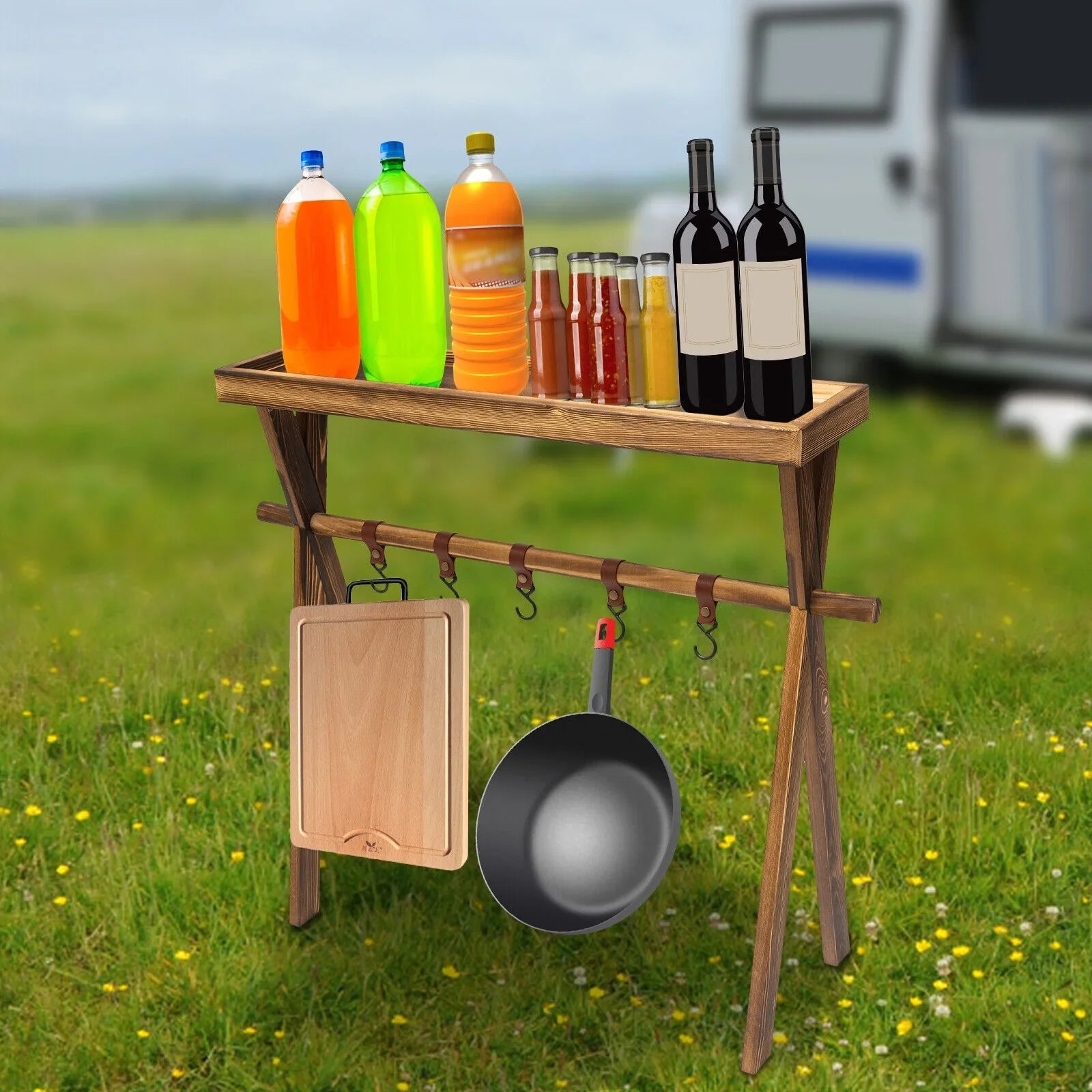 Miumaeov Wooden Portable Picnic Rack Outdoor Grill Rack Storage Table Shelf for Picnic, Camping,