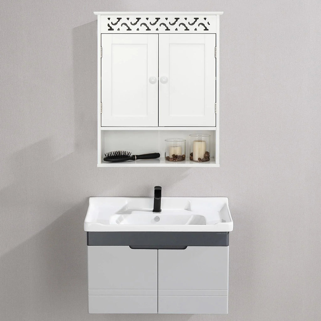 UBesGoo Wall Mounted Medicine Cabinet, Bathroom Storage Cabinet with Double Doors and Open Shelf for Kitchen Home Hotel, White