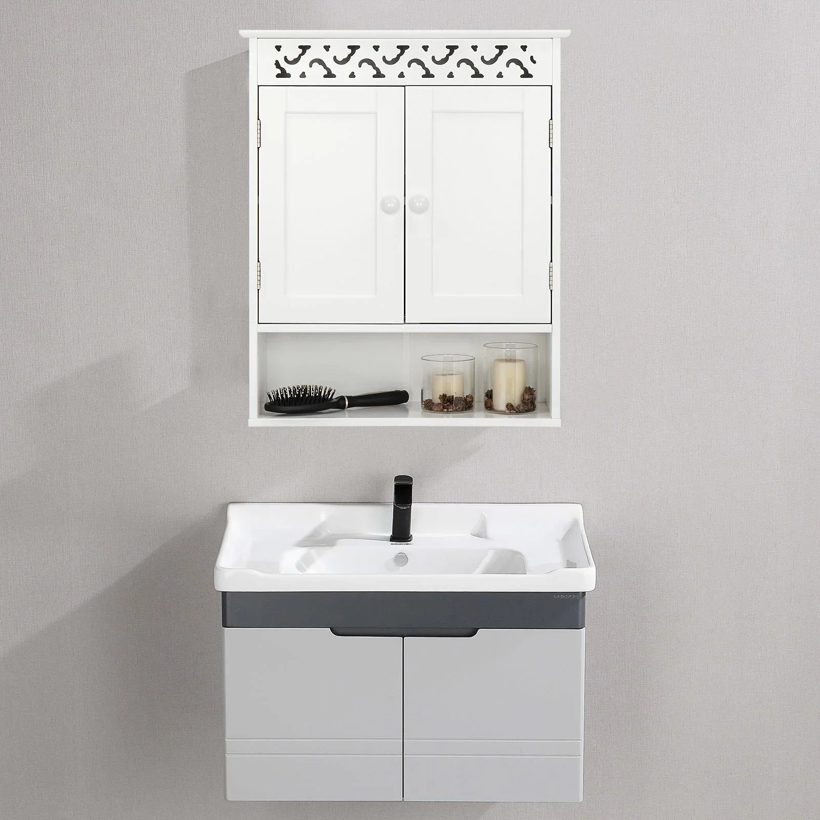 UBesGoo Wall Mounted Medicine Cabinet, Bathroom Storage Cabinet with Double Doors and Open Shelf for Kitchen Home Hotel, White