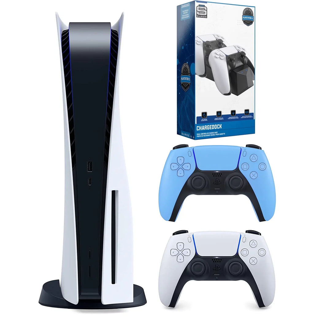 Sony Playstation 5 Disc Version (Sony PS5 Disc) with Extra Controller and Dual Charging Station - Starlight Blue Bundle