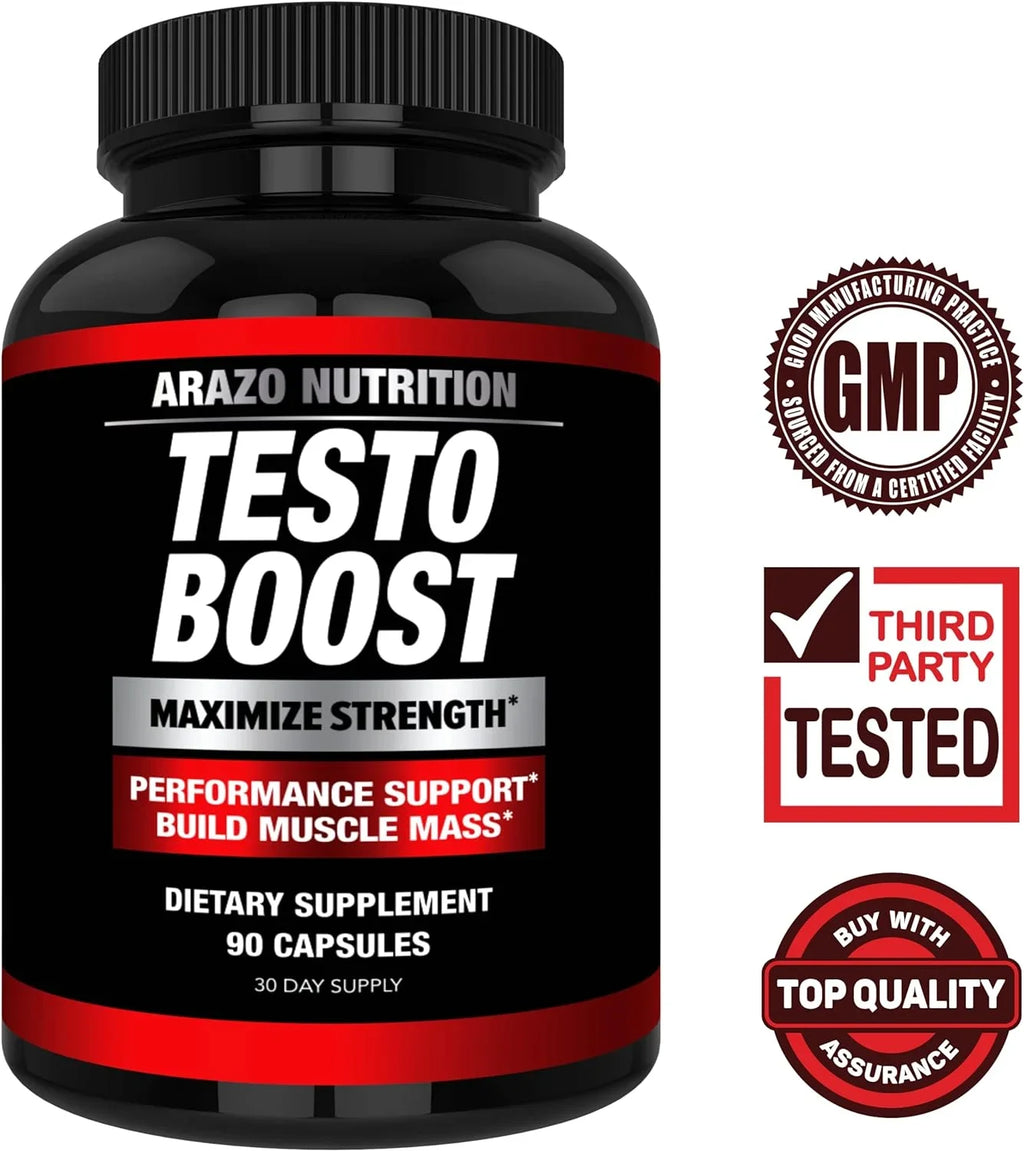 Arazo Nutrition TestoBoost Test Booster Supplement - Potent & Natural Herbal Pills - Boost Muscle Growth - Tribulus, Horny Goat Weed, Hawthorn, Zinc, Minerals - 90 Capsules