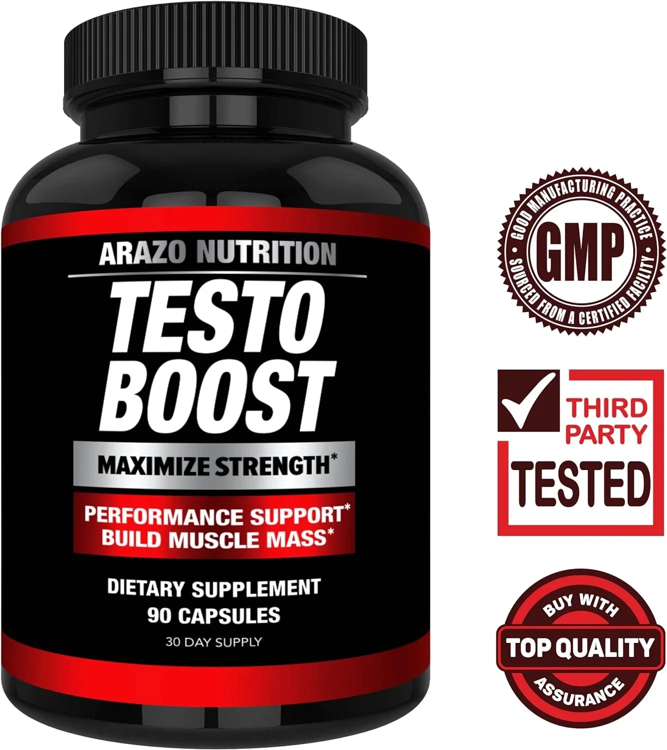 Arazo Nutrition TestoBoost Test Booster Supplement - Potent & Natural Herbal Pills - Boost Muscle Growth - Tribulus, Horny Goat Weed, Hawthorn, Zinc, Minerals - 90 Capsules