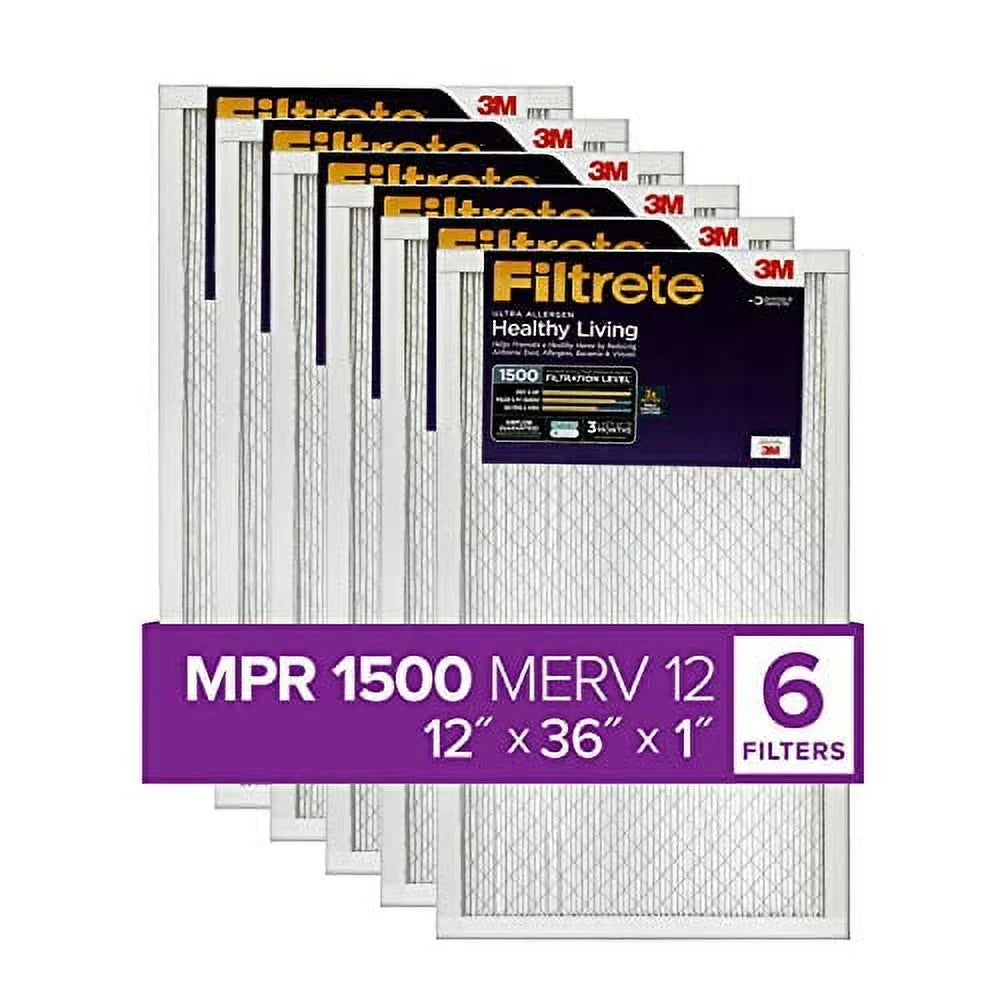 Filtrete 12x36x1,  Furnace Air Filter,  1500, Healthy Living Ultra Allergen, 6-Pack (exact dimensions 11.69 x 35.69 x 0.78)