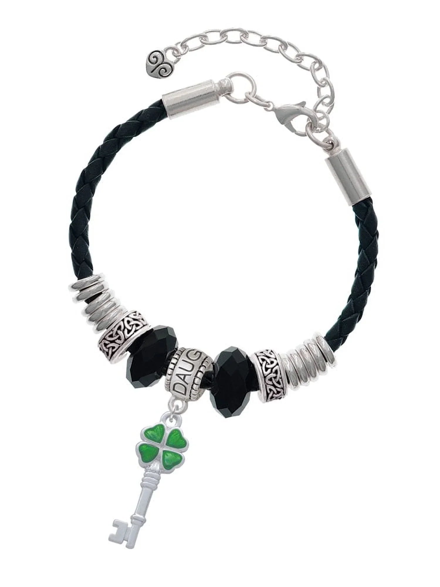 Delight Jewelry Silvertone Translucent Green Lucky Four Leaf Clover Key Daughter Celtic Knot Leather Bead Bracelet, 7"+2" Extender