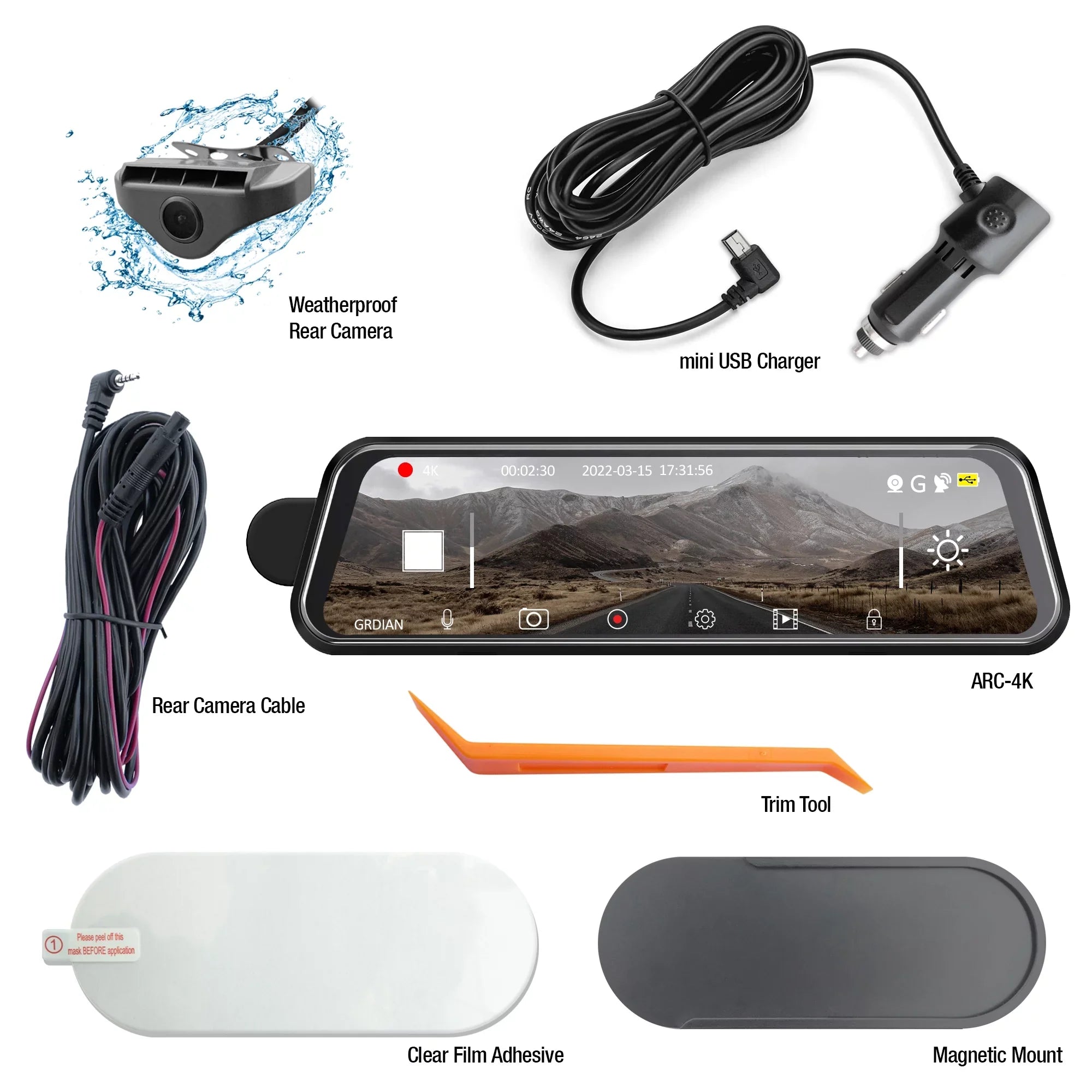 Arc4K 10" Rear-View Mirror Camera, Dual-Channel Front and Rear, Touchscreen, Parking Mode, Seamless Magnetic Mount Design