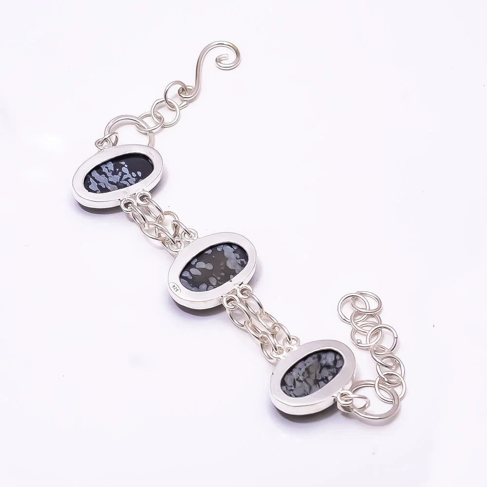 Snowflake Obsidian -Utah 925 Silver Plated Adjustable Bracelet 7.99", Black Snowflake Obsidian Bracelet B_9205_388_14