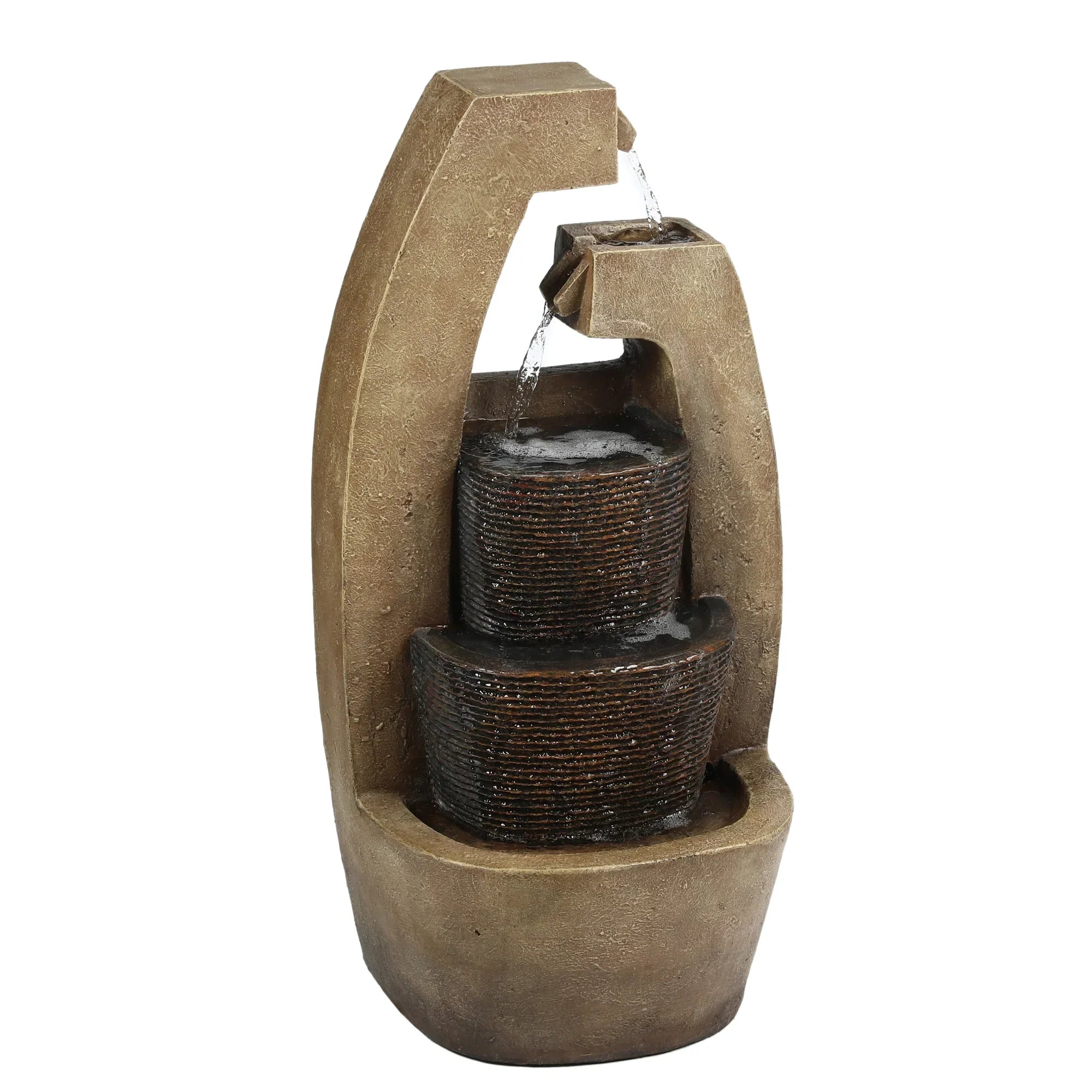 LuxenHome Brown Cement Modern Sculpture Outdoor Fountain with  Light