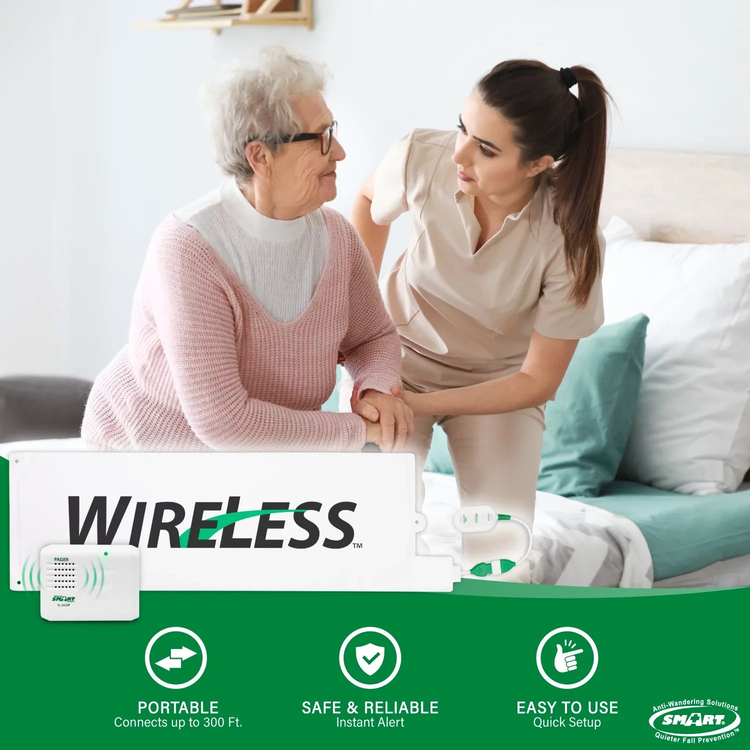 Smart Caregiver Wireless Bed Pad Alarm System with Weight Sensor and Pager for Fall Prevention | 10" x 30" Alarm Pad for Bed Alerts Medical Caregiver | Cordless Bed Alarm with Up to 300' Range