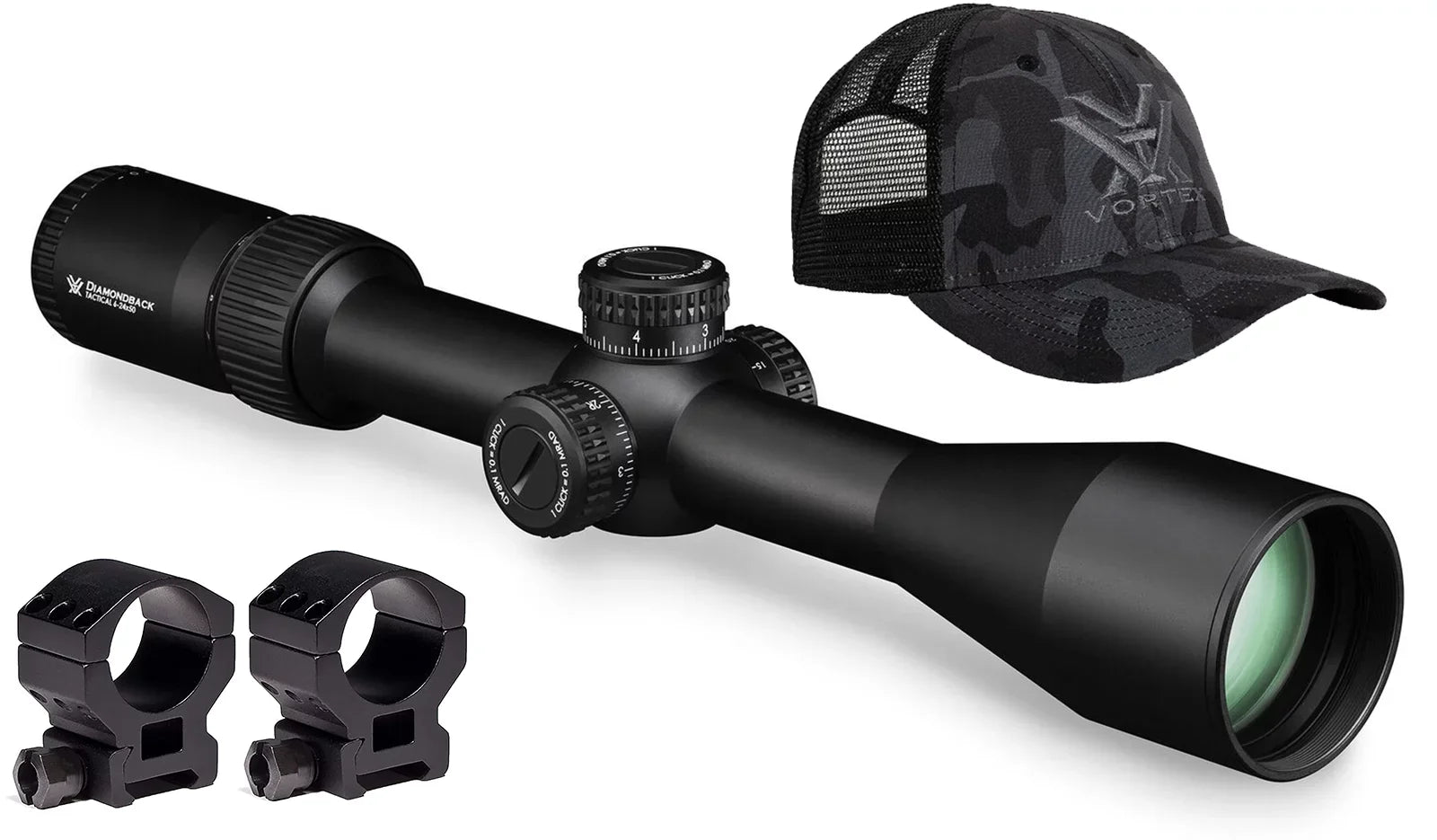 Vortex Optics Diamondback Tactical 6-24x50  -2C () Riflescope with Vortex High Rings (1.18in, 30mm) and Free Hat Bundle