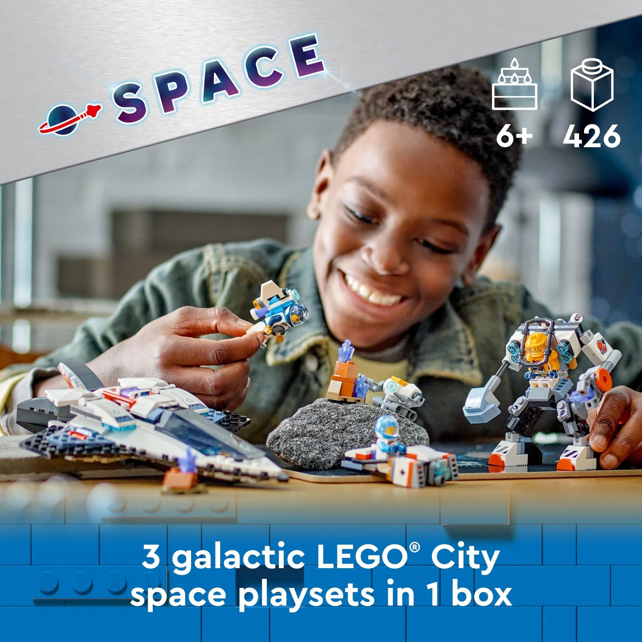 City Space Explorers Pack, Kids’ Space Toy Playset Bundle for Boys and Girls Aged 6 and Up, 3 Building Sets in 1 Box, Space Gift Mech Toy, Interstellar Spaceship, Hoverbike, 3 Minifigures, 60441