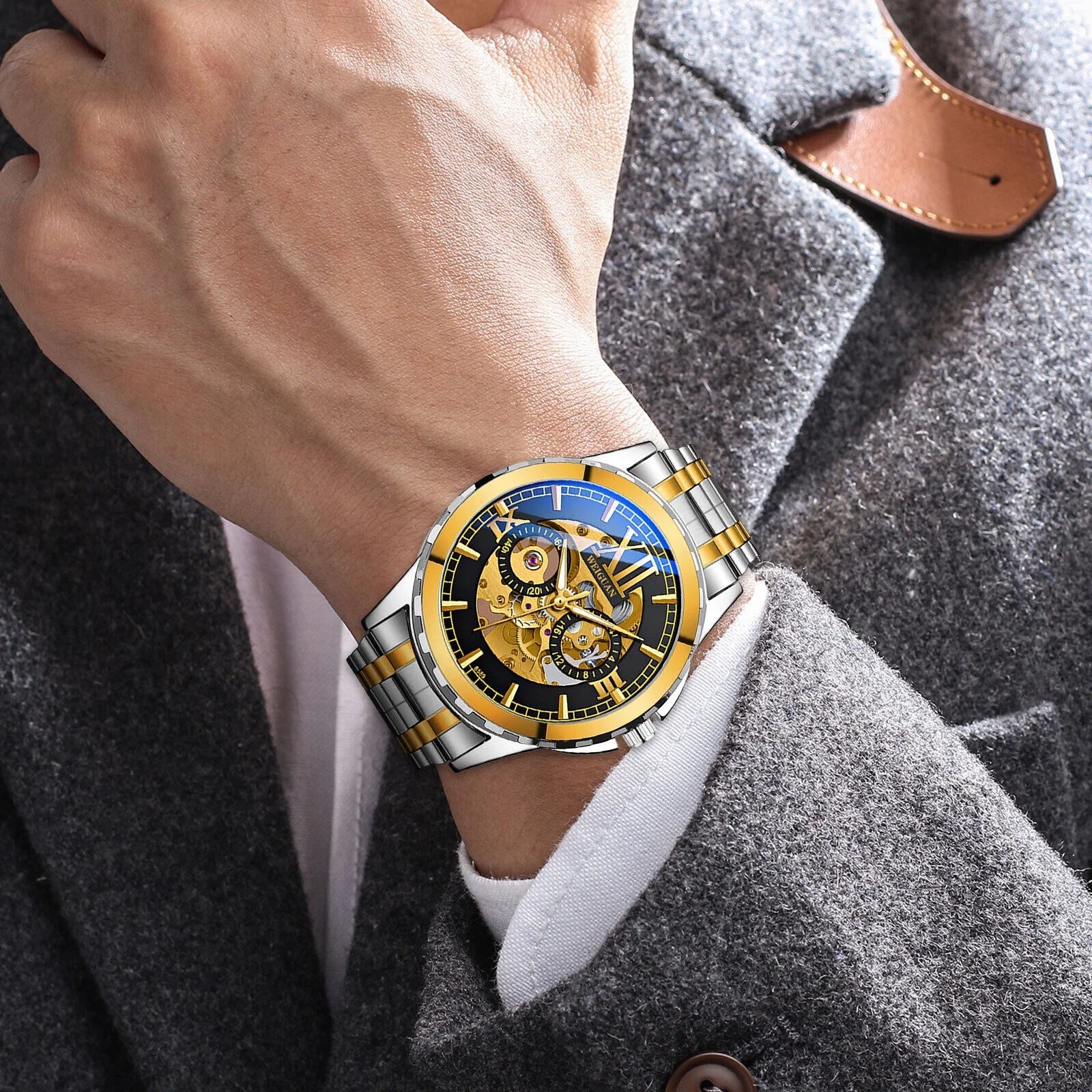 Men's Automatic Mechanical Stainless Steel Watch Luxury Business Hollow Skeleton