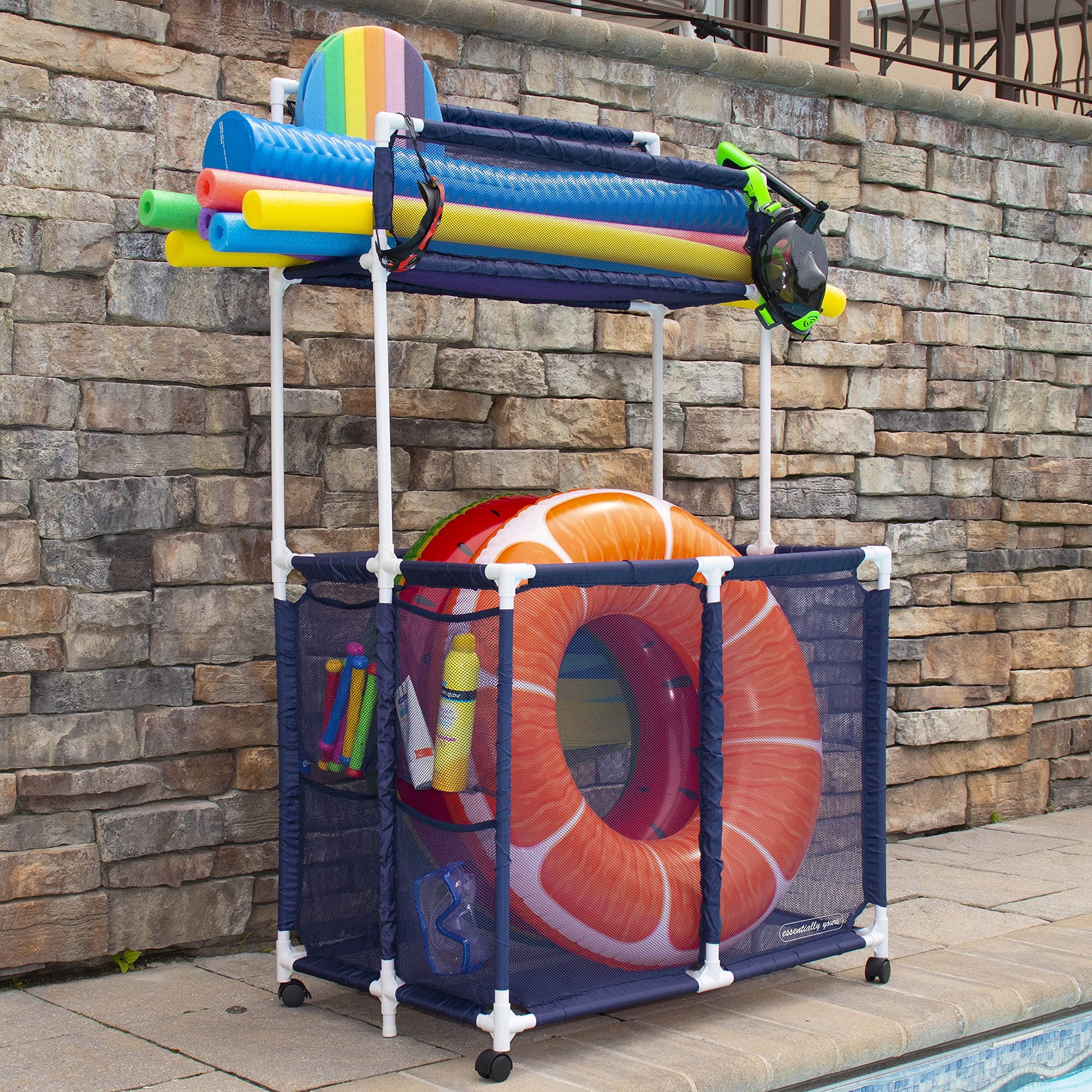 Essentially Yours Pool Storage Equipment Organizer Holder - Noodles, Toys, Balls and Floats Mesh Rolling Double Decker Bin, Large with Noodle Rack, (23" L x 35.3" W x 59.4" H), Brown