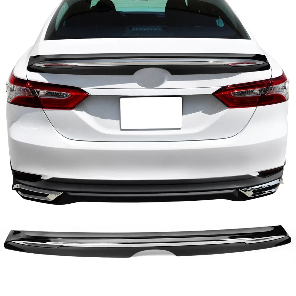 Ikon Motorsports Compatible with 18-23 Toyota Camry   Style Rear Trunk Spoiler Wing Gloss Black With Chrome Trim 2018 2019 2020 2021 2022