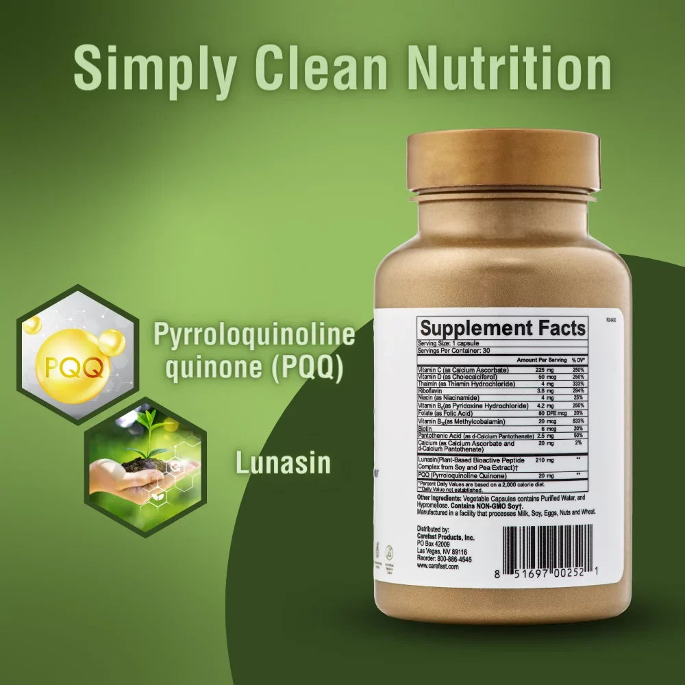 Carefast  Lunasin Vitality 20mg Pyroloquinoline Quinone, 10mg Bioactive LunaCell Supplement - Mitochondrial Biogenesis, Cellular Health & Stress Formula, Non- - 30 Dietary Capsules
