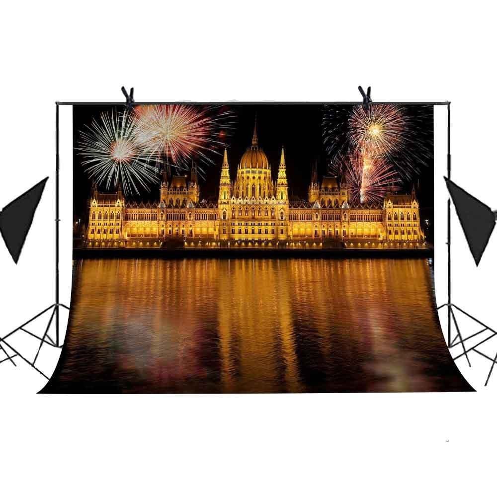 MOHome 7x5ft The View of The City Backdrop Night Lights Illuminate Castle River Water Fireworks Bloom Background Photo Booth Studio Props Party Background