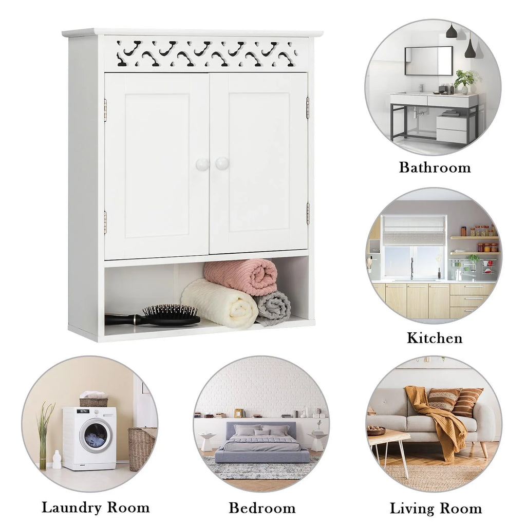 UBesGoo Wall Mounted Medicine Cabinet, Bathroom Storage Cabinet with Double Doors and Open Shelf for Kitchen Home Hotel, White
