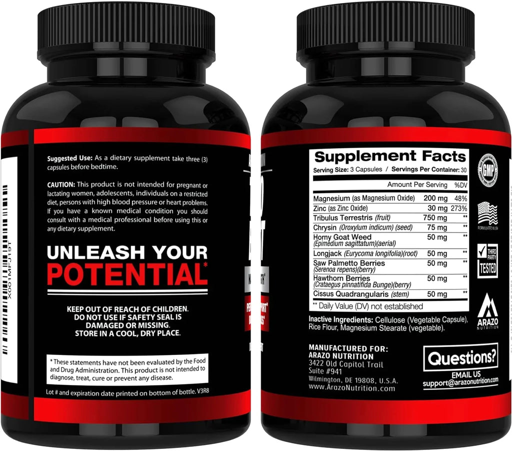 Arazo Nutrition TestoBoost Test Booster Supplement - Potent & Natural Herbal Pills - Boost Muscle Growth - Tribulus, Horny Goat Weed, Hawthorn, Zinc, Minerals - 90 Capsules