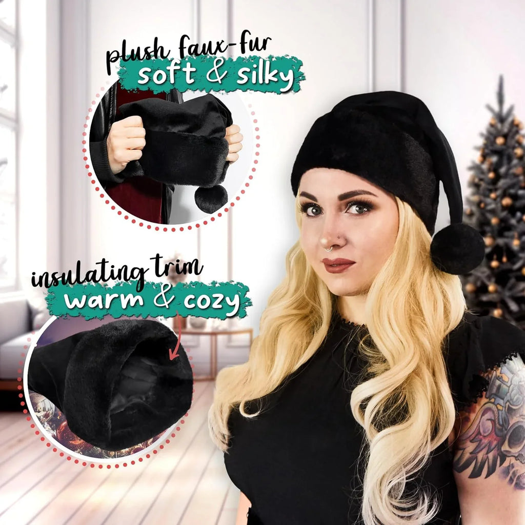 All Black Santa Hat - Faux Fur Black Trim - Gothic Xmas Accessory, Goth Christmas Hat - Adult, 1 Size