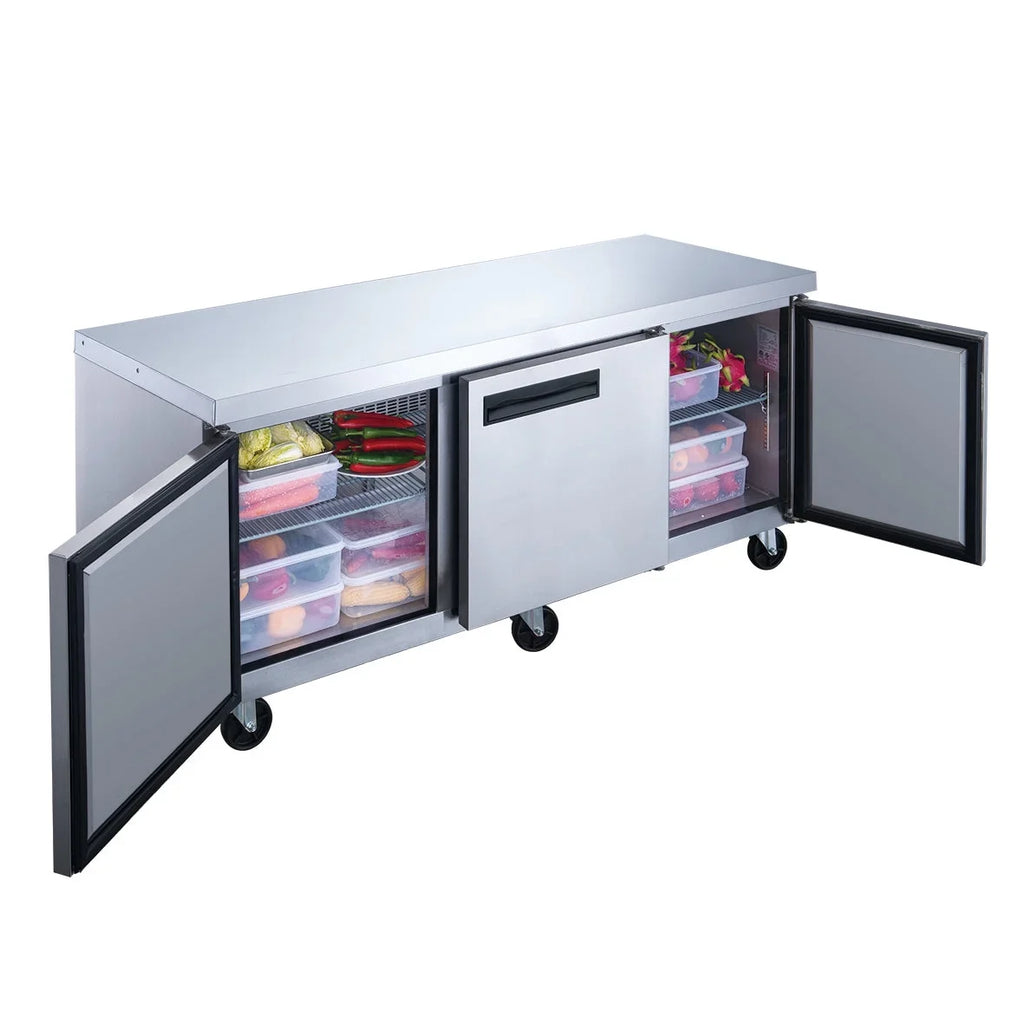 72 in. Three Door Undercounter Commercial Stainless Steel Refrigerator 18.96 cu. ft.