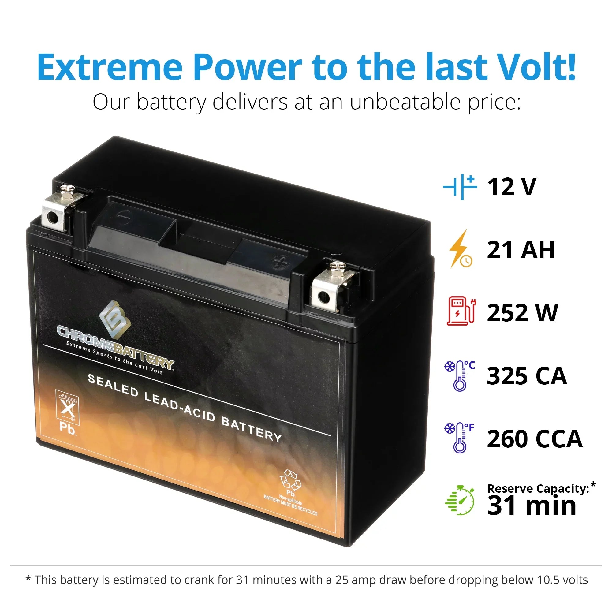 Chrome Battery Y50-n18l-a3 (50-n18l-a3 12 Volt,20 Ah, 260 Cca) Power Sports Battery replaces Gtx18l-bs M6250h 44006