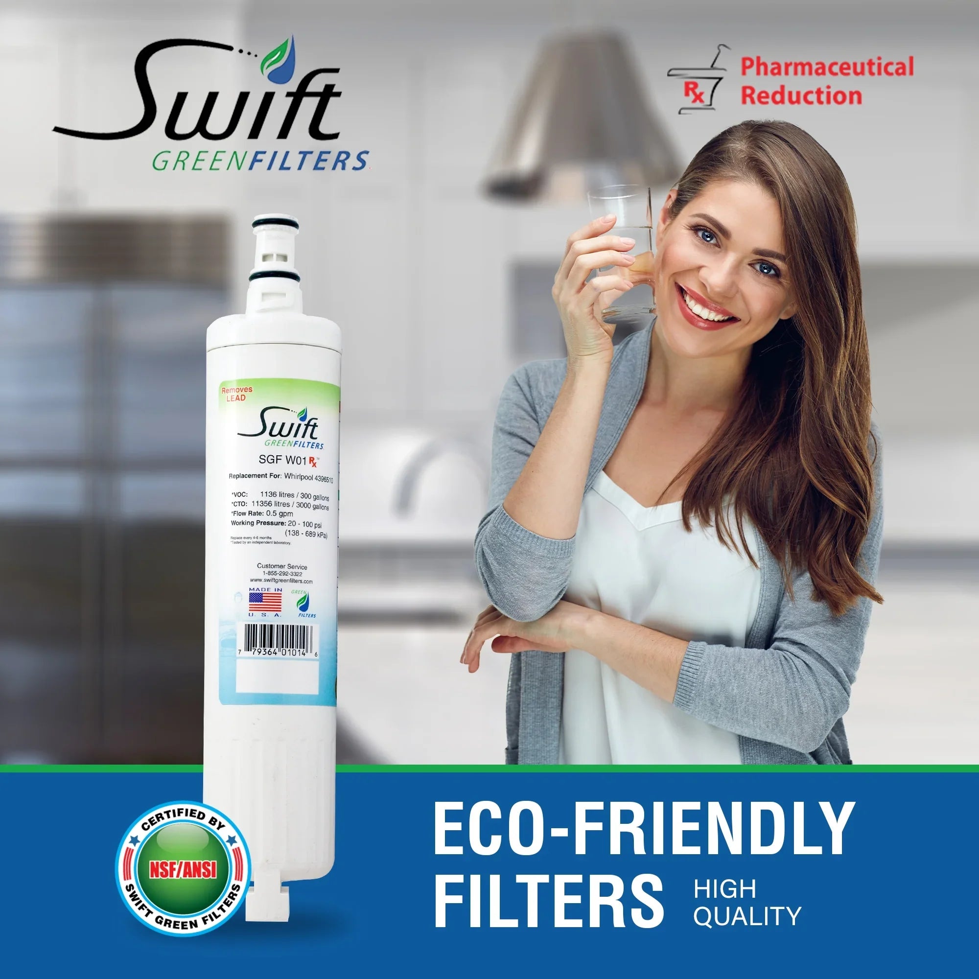 Swift Green Filters -W01  Replacement Whirlpool 4396508 EDR5RXD1 Refrigerator Water Filter (3 Pack)