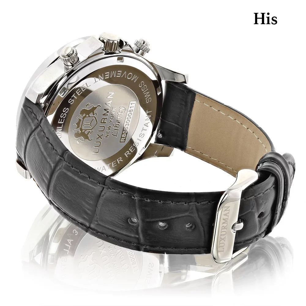 Swiss Mvt Matching His and Hers Real Diamond Watches w Black Leather Band White
