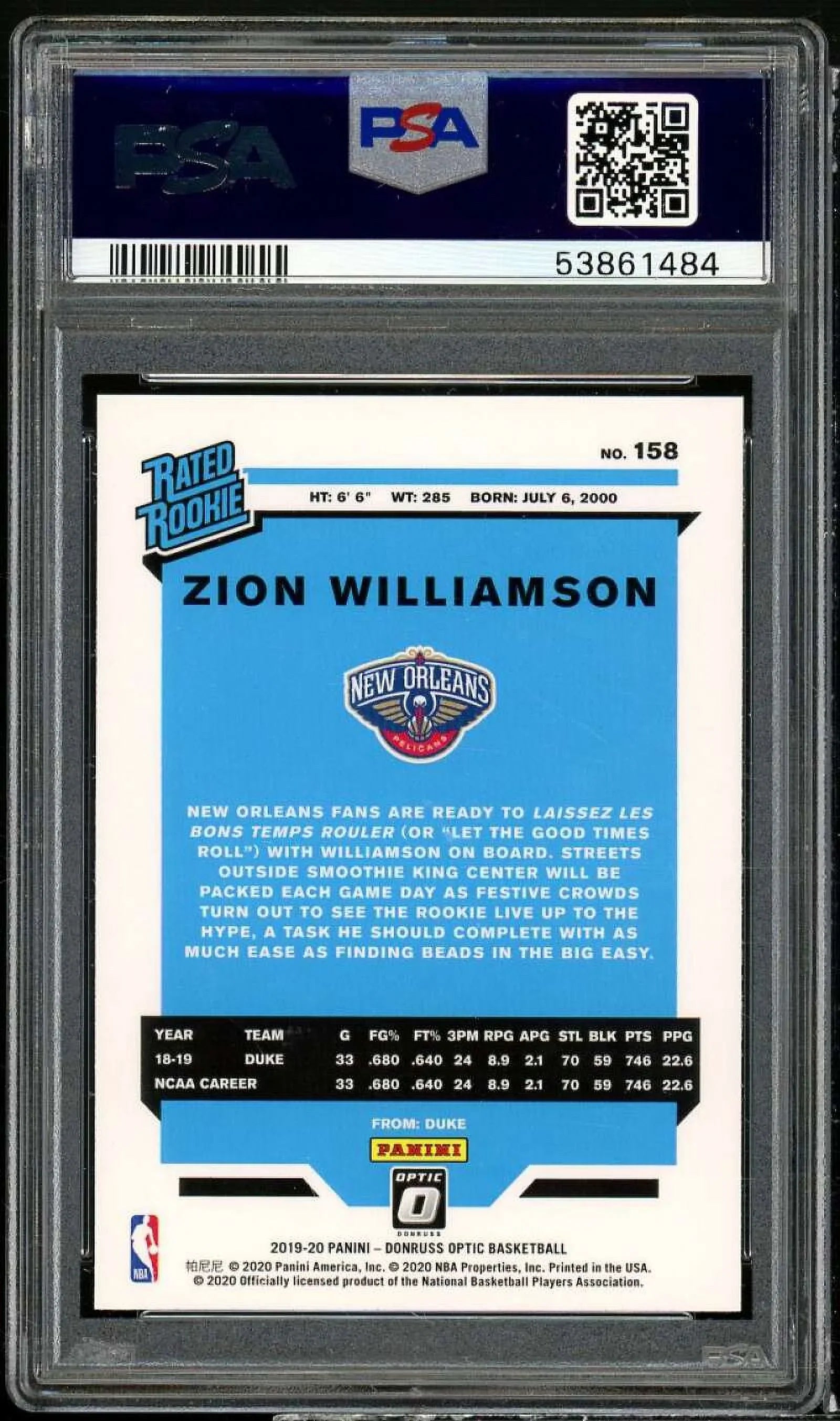 Zion Williamson Rookie Card 2019-20 Panini Donruss Optic #158  9