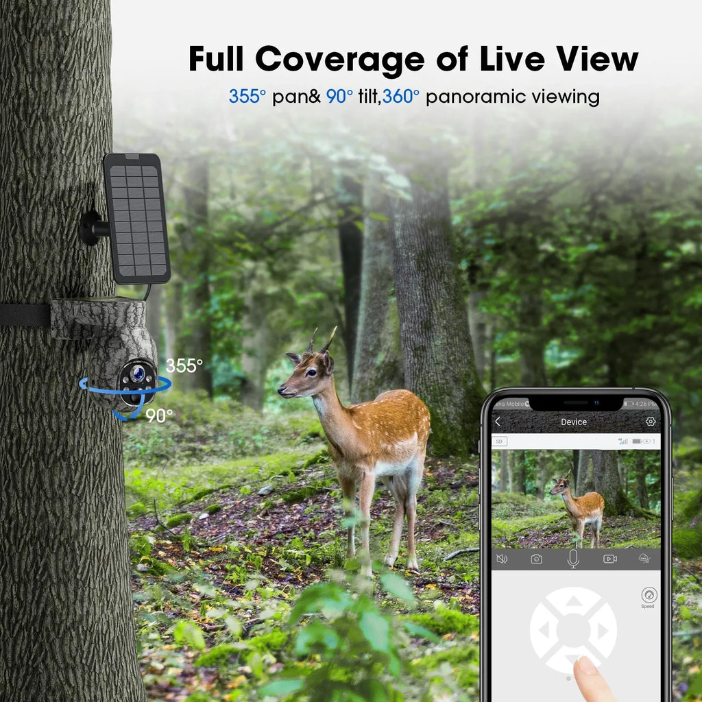 Cellular Trail Camera Wireless 4G , Solar Game Camera with 360°Pan 90°Tilt, 2K Night Vision, Live View, Waterproof, Cloud Storage,  Motion, No WiFi Hunting Security Cam with  & Card
