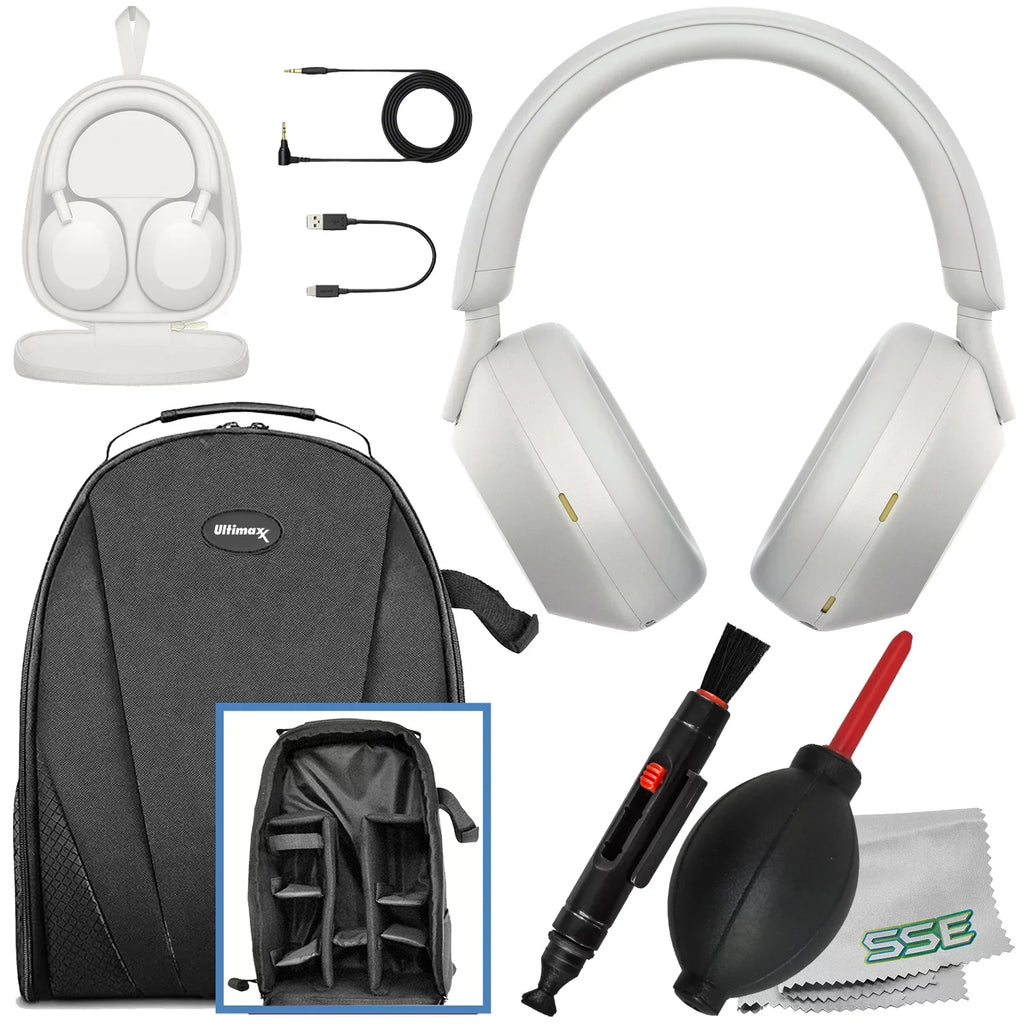 Ultimaxx Essential Sony -1000XM5 Noise-Canceling Wireless Over-Ear Headphones Bundle (Silver) - Includes: Water-Resistant Gadget Backpack & More (7pc Bundle)