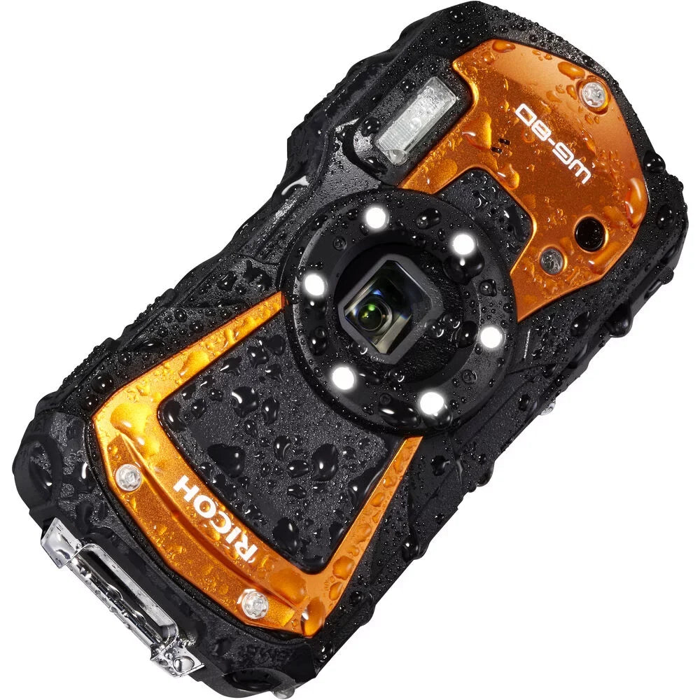 Ricoh -80 Waterproof Digital Camera (Orange) with 64GB Extreme Pro  Card + Small Case + Selfie Stick + Memory Card Wallet + Memory Card Reader + 6Ave Cleaning Kit