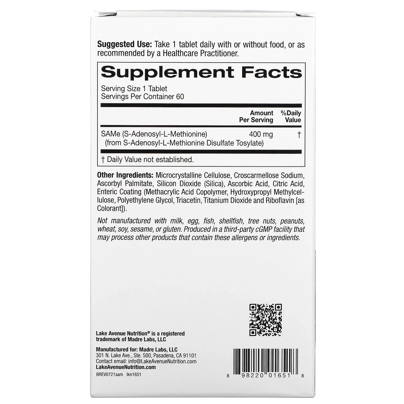 Lake Avenue Nutrition SAMe ( Disulfate Tosylate), 400 mg, 60 Enteric Coated Tablets