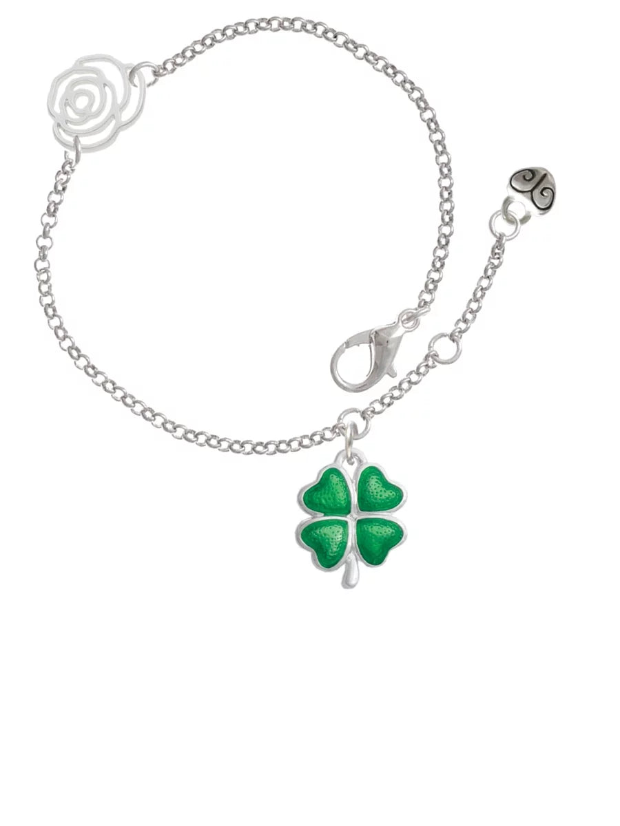 Delight Jewelry Silvertone Translucent Green Lucky Four Leaf Clover Silver-tone Rose Link Chain Bracelet, 6.25"+1.75" Extender