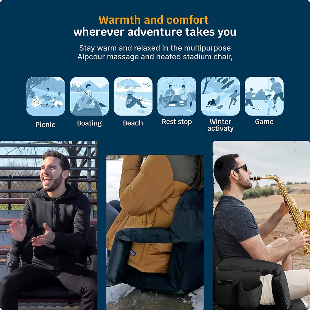 Alpcour X-Wide Heated Massage Reclining Stadium Seat - Extra Thick Waterproof Chair with Wide Back Support - Black